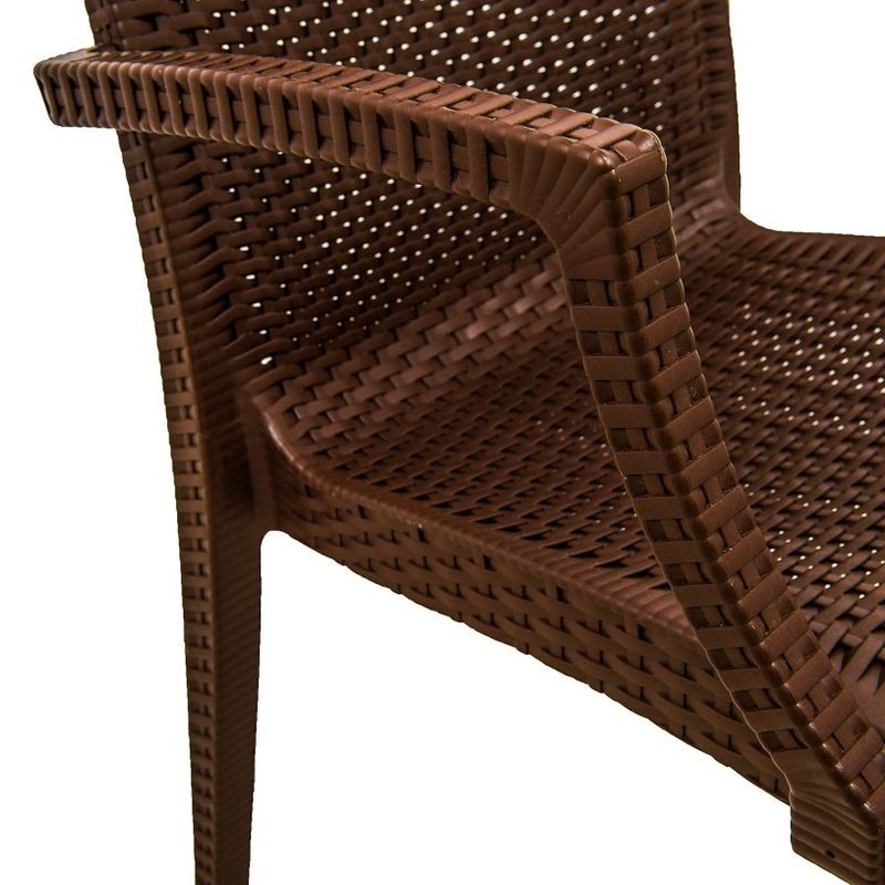 LeisureMod Weave Mace Indoor/Outdoor Chair (With Arms) Brown Closeup.