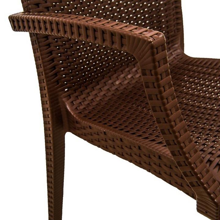 LeisureMod Weave Mace Indoor/Outdoor Chair (With Arms) Brown Closeup.