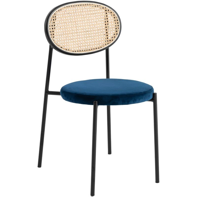 LeisureMod Euston Modern Wicker Dining Chair with Velvet Round Seat Navy Blue