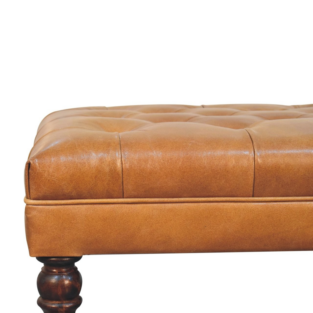 California Walnut Buffalo Tan Leather Ottoman with Castor Legs Side View