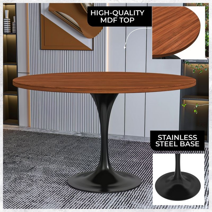 LeisureMod Verve Collection 48 Round Dining Table, Black Base with Cognac Brown MDF Top Details.