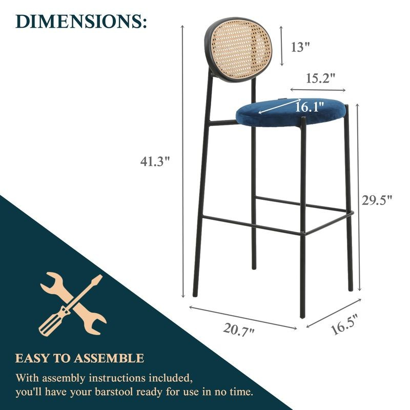 Bar stool with dimensions and assembly information on a white background.
