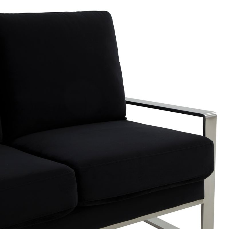 LeisureMod Jefferson Contemporary Modern Design Velvet Sofa with Silver Frame Black Closeup.