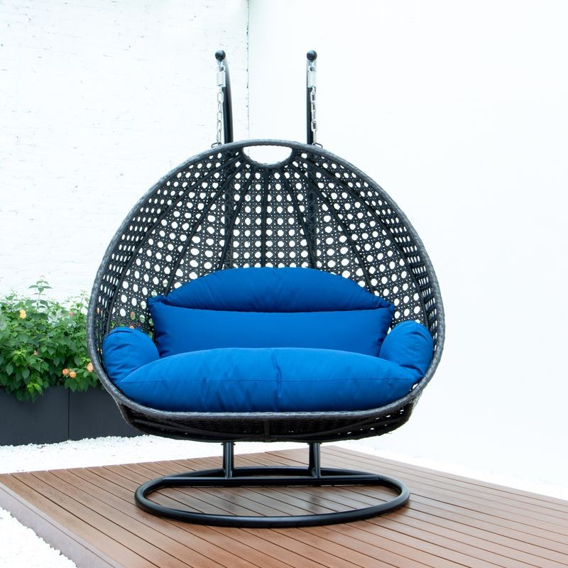 LeisureMod Charcoal Wicker Hanging 2 person Egg Swing Chair Blue Front View.