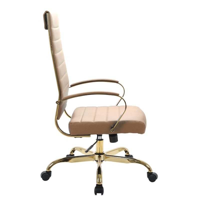 LeisureMod Benmar High-Back Leather Office Chair with Gold Frame Light Brown Side View.