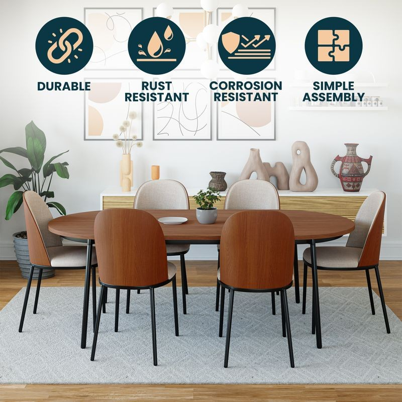 Dining table set with chairs in a room setting, featuring durability, rust resistance, corrosion resistance, and simple assembly icons.