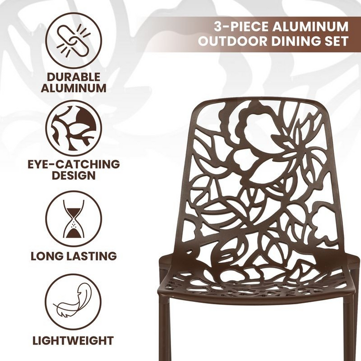 Decorative chair with floral patterns on a white background, featuring text about a 3-piece aluminum outdoor dining set.