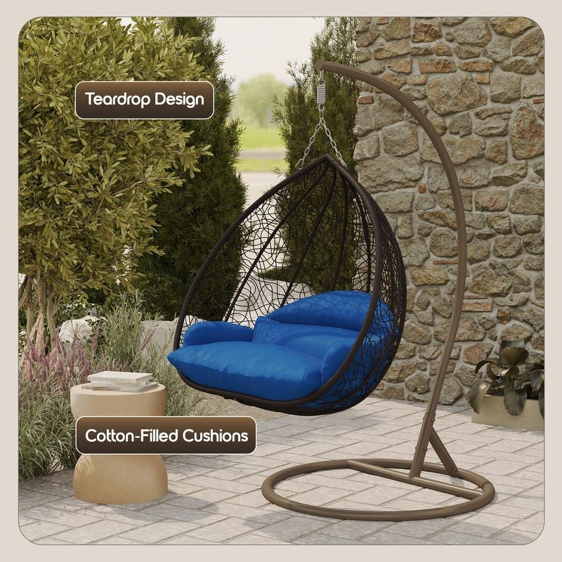 Leisuremod Recluse Collection Modern Outdoor Swing Chair Brown Frame with ES57 Blue Cushion Details.