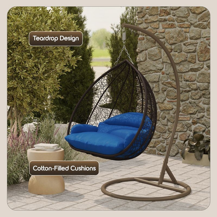 Leisuremod Recluse Collection Modern Outdoor Swing Chair Brown Frame with ES57 Blue Cushion Details.