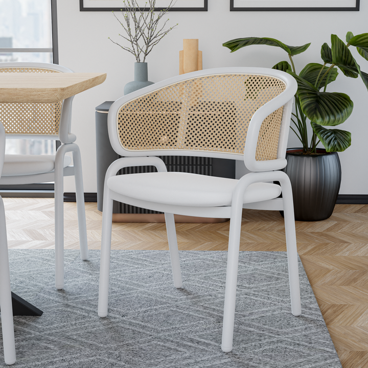 Leisuremod Ervilla Modern Dining Chair with White Powder Coated Steel Legs and Wicker Back White
