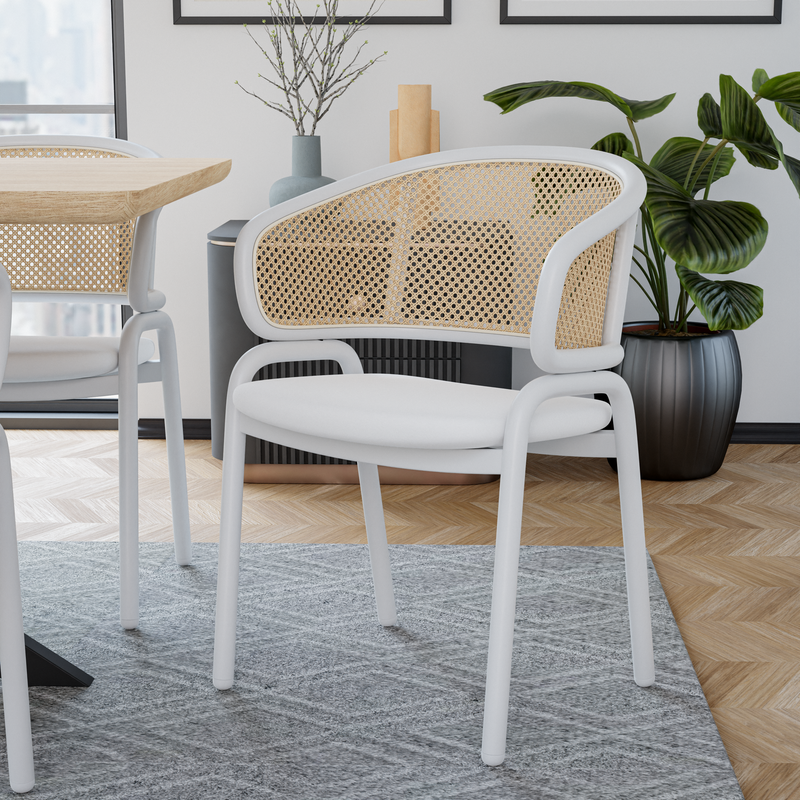 Leisuremod Ervilla Modern Dining Chair with White Powder Coated Steel Legs and Wicker Back White