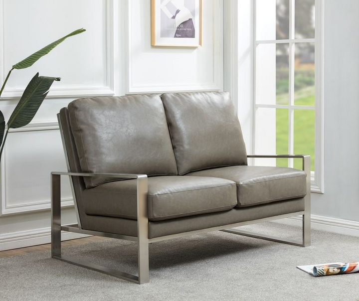 Leisuremod Jefferson Contemporary Modern Faux Leather Loveseat with Silver Frame Grey with Background.