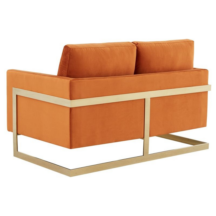 LeisureMod Lincoln Modern Mid-Century Upholstered Velvet Loveseat with Gold Frame Orange Marmalade Back View.