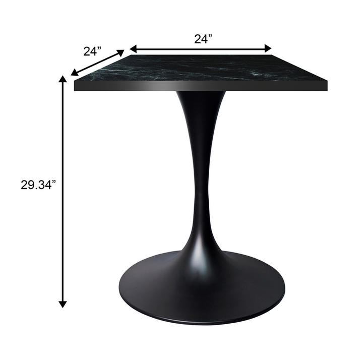 LeisureMod Verve Collection 24 Square Dining Table, Black Base with Black MDF Top Dimensions.