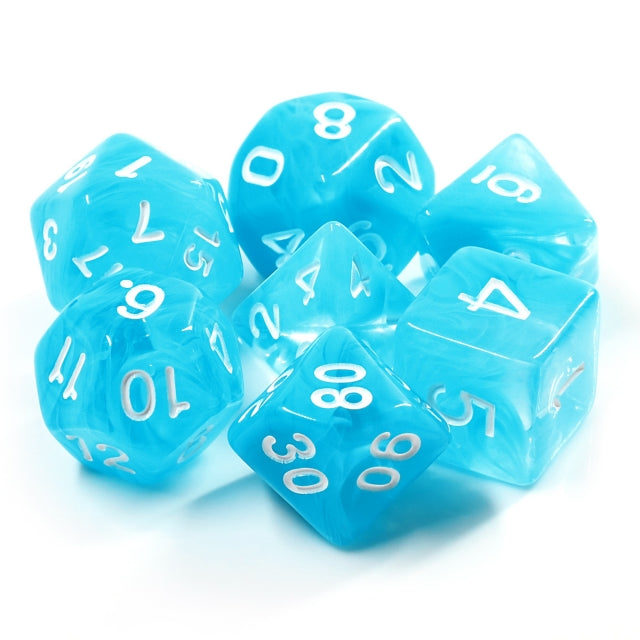 Sky Blue Swirl with White Numbering 7-Dice Set RPG