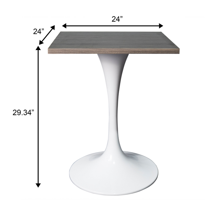 LeisureMod Verve Collection 24 Square Dining Table, White Base with Dark Maple MDF Top Dimensions.