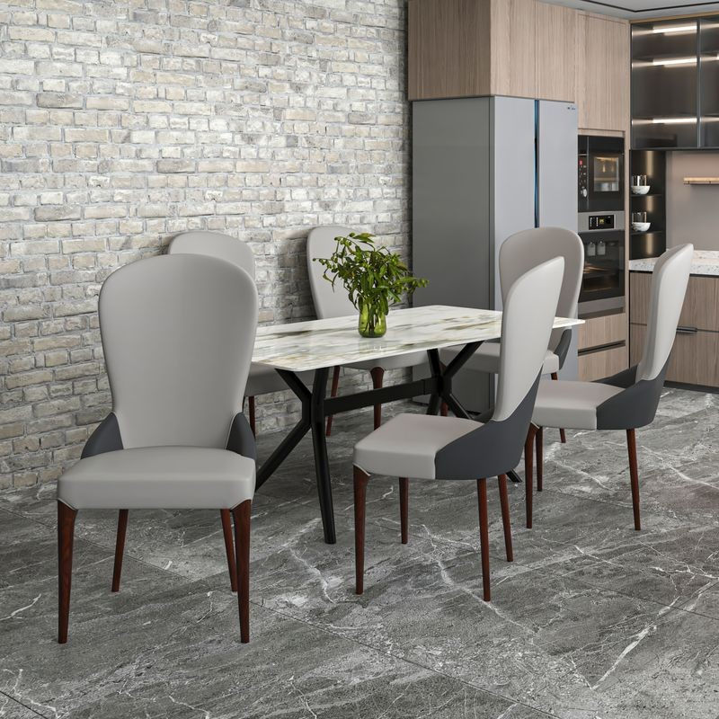LeisureMod Havana Collection Modern Wooden Dining Chair in Grey at Table.