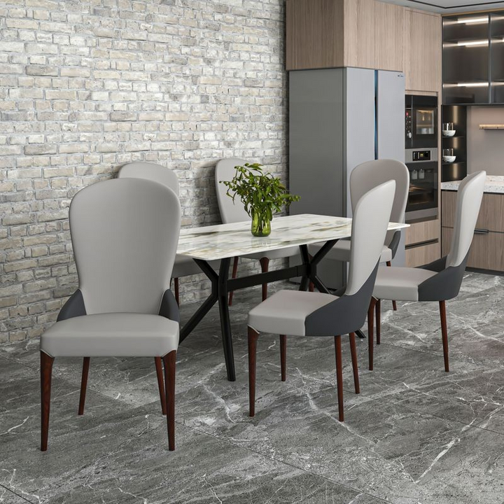 LeisureMod Havana Collection Modern Wooden Dining Chair in Grey at Table.