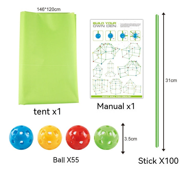 Green tent, manual, colorful balls, and green sticks with measurements on a white background.