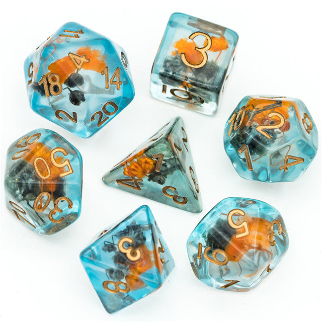 Orange & Grey Flower Dice  7-Dice Set Resin Dungeons and Dragons Dice (Gypsophila / Baby's-Breath)