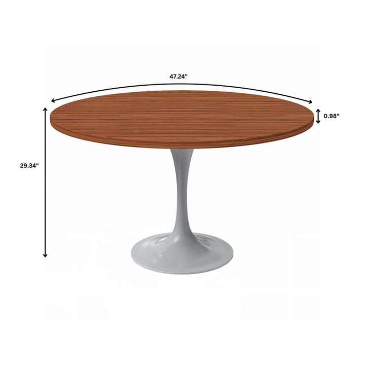 LeisureMod Verve Collection 48 Round Dining Table, White Base with Cognac Brown MDF Top Dimensions.