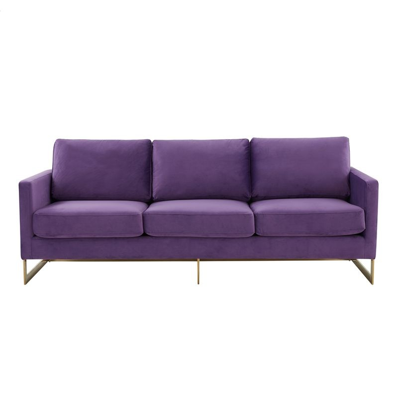 LeisureMod Lincoln Modern Mid-Century Upholstered Velvet Sofa with Gold Frame Purple Front View.