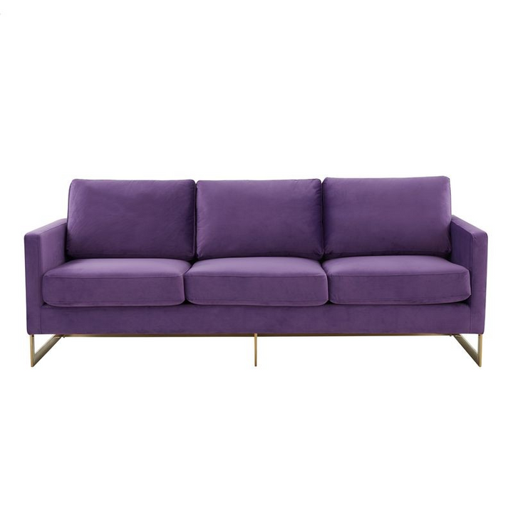 LeisureMod Lincoln Modern Mid-Century Upholstered Velvet Sofa with Gold Frame Purple Front View.