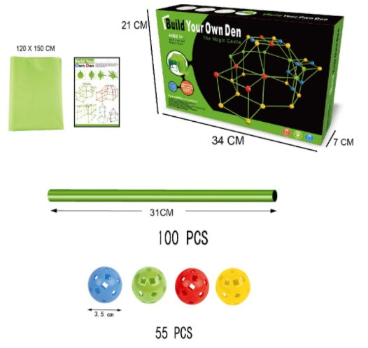 Children's building set with packaging, green foam sheets, sticks, and colored balls with measurements.
