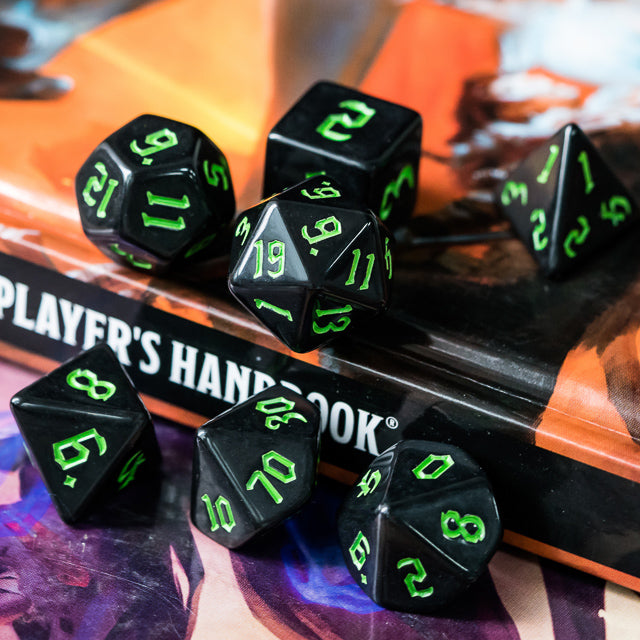 Economy Black Dice (Green font) 7-Dice Set RPG DND