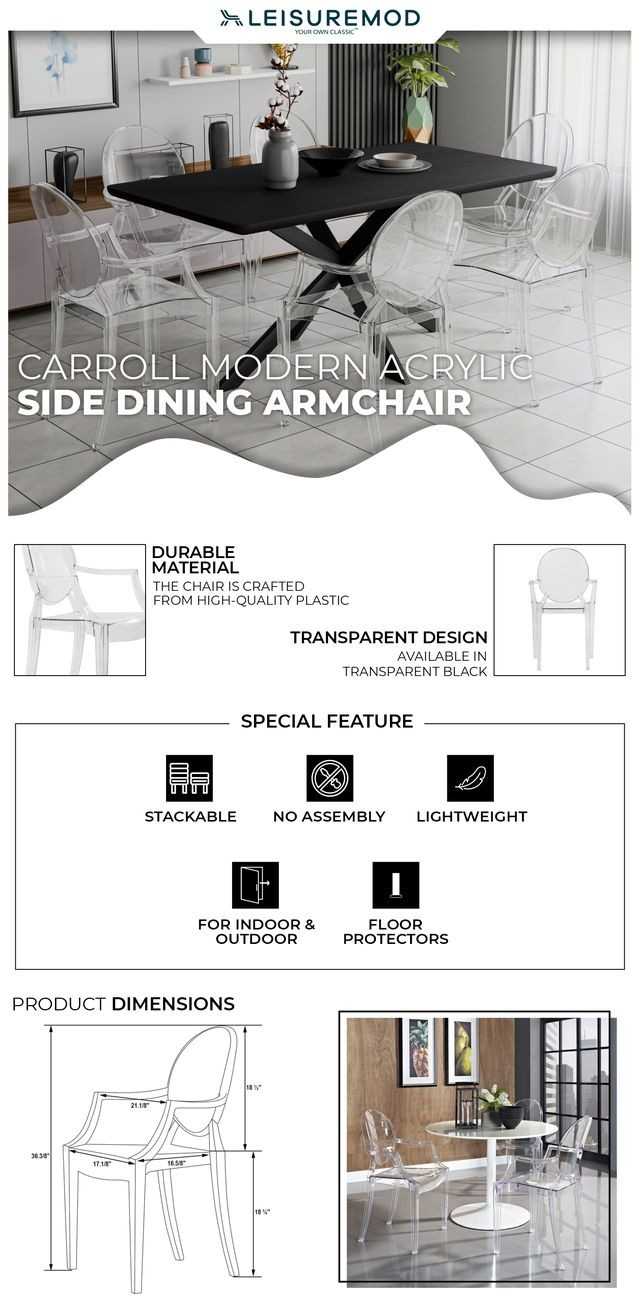 Carroll Modern Acrylic Side Dining Armchair with product details and features.