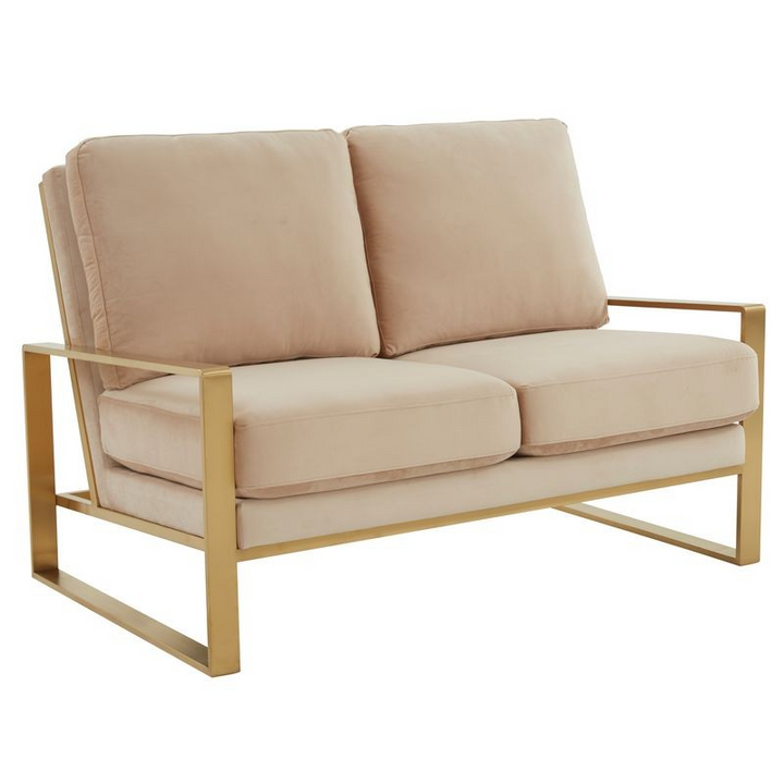 Leisuremod Jefferson Contemporary Modern Velvet Loveseat with Gold Frame Beige