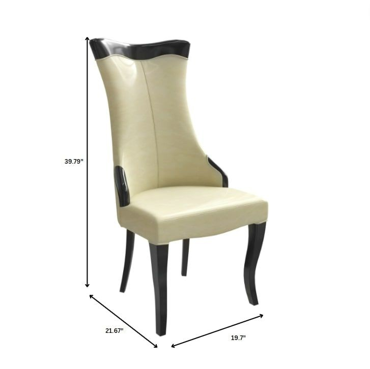 Beige chair with black accents and dimensions on a white background.