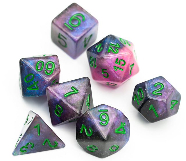 Purple & Blue w/green Galaxy Glitter 7-Dice Set RPG
