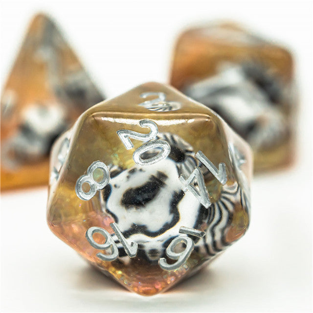 Desert Bull Head 7-Dice Set w/Silver Numbers White Skull on Gold Glitter