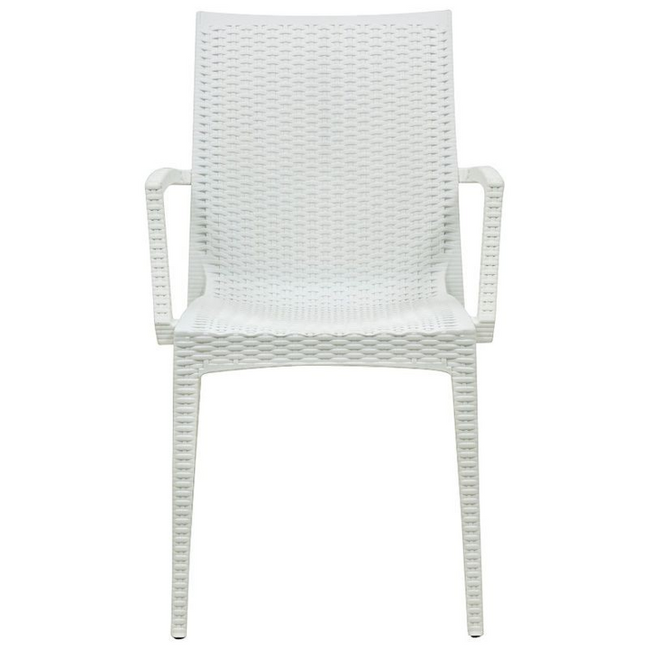 LeisureMod Weave Mace Indoor/Outdoor Chair (With Arms) White. Front View.