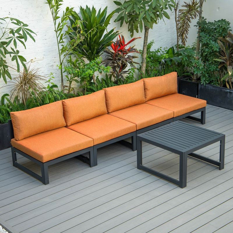 LeisureMod Chelsea 5-Piece Middle Patio Chairs and Coffee Table Set Black Aluminum with Cushions Orange.