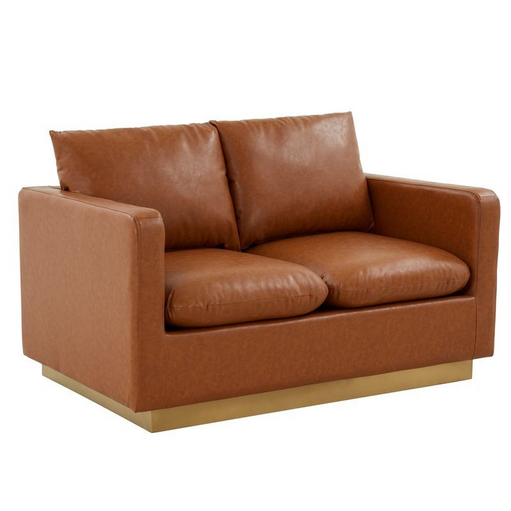 LeisureMod Nervo Modern Mid-Century Upholstered Faux Leather Loveseat with Gold Frame Cognac Tan