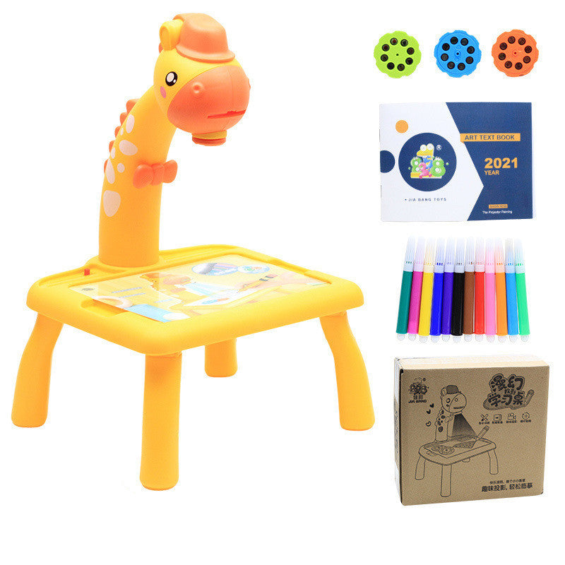 Yellow giraffe-shaped drawing table with coloring books and markers on a white background.