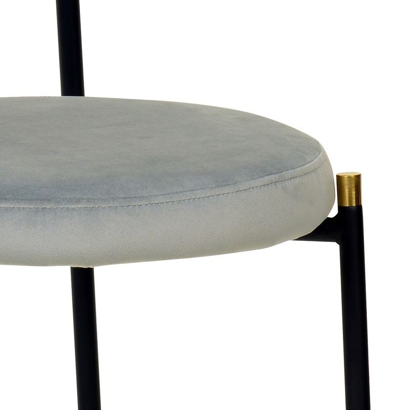 LeisureMod 5-Piece Dining Set with 36" Round Dining Table Black Sintered Stone Top and Black Pedestal with 4 Velvet Dining Chairs in Black Steel Legs in Grey Seat Closeup.