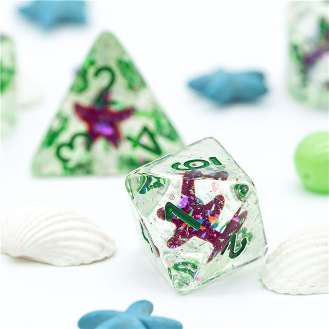 Green w/Purple Starfish Dice 7-Dice Set Resin Dungeons and Dragons Dice