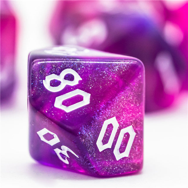 Purple + Red Glitter Party Dice (White font) 7-Dice Set RPG DND