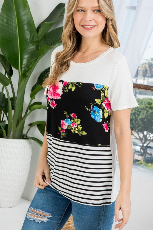 Plus Floral Stripe Mixed Top