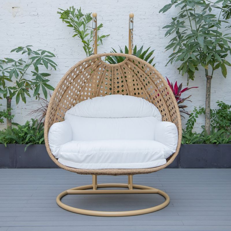 LeisureMod Mendoza Light Brown Wicker Hanging 2 Person Egg Swing Chair White Front View.