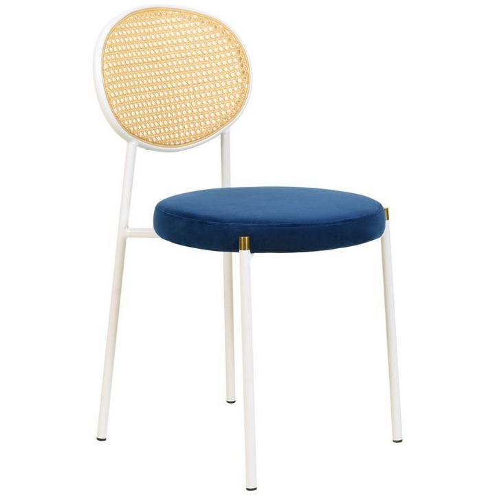 LeisureMod 7-Piece Dining Set with Rectangular Sintered Stone Dining Table and 6 Velvet Dining Side Chairs with Wicker Back Navy Blue Angled Chair.