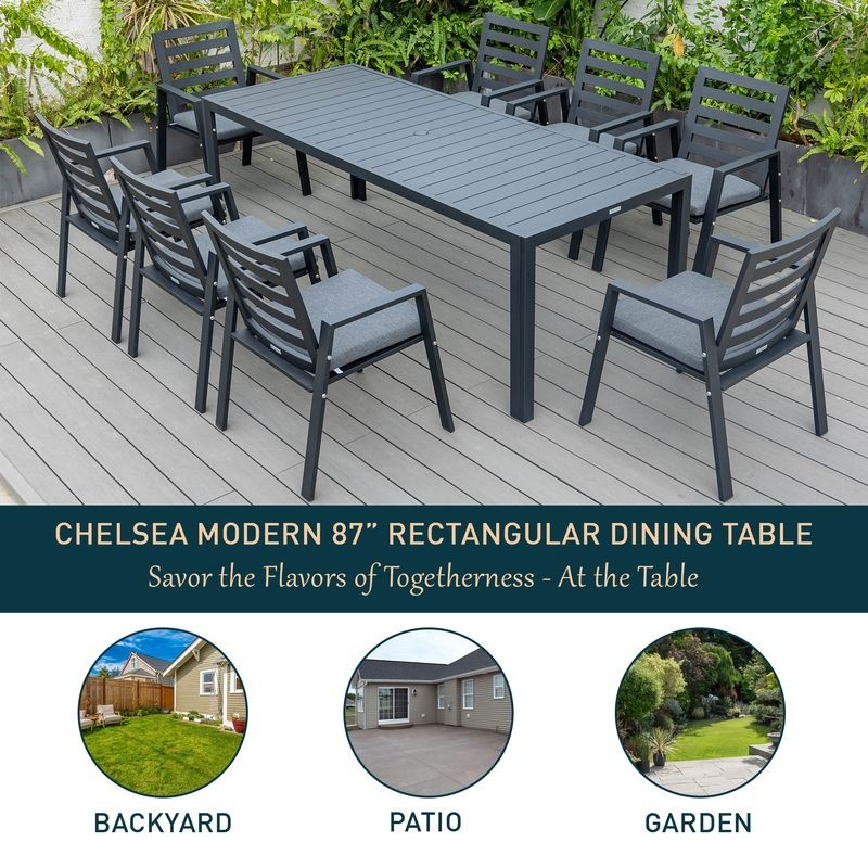 Leisuremod Chelsea Aluminum Outdoor 87" Dining Table in Black Details.