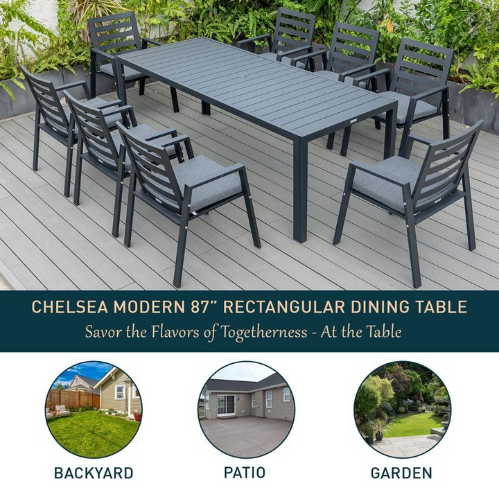 Leisuremod Chelsea Aluminum Outdoor 87" Dining Table in Black Details.