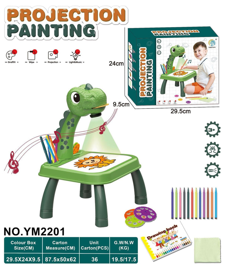Projection painting toy with dinosaur design, packaging, and accessories on a white background.
