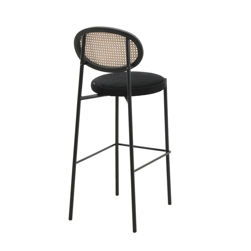 LeisureMod Euston Modern Wicker Bar Stool with Black Steel Frame in Black Back View.