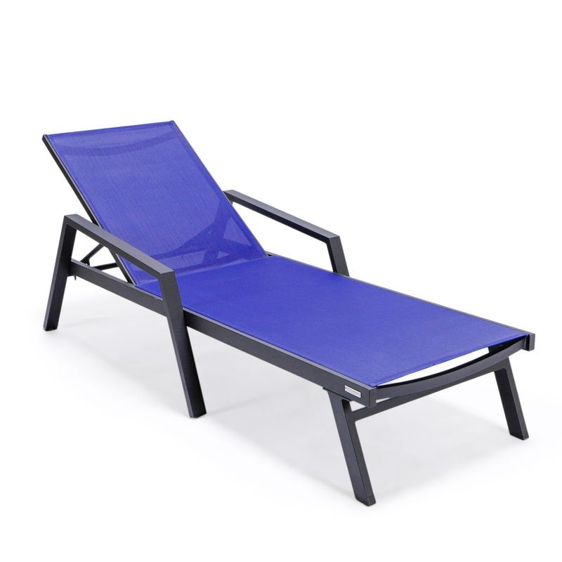 LeisureMod Marlin Patio Chaise Lounge Chair with Armrests in Black Aluminum Frame Navy Blue