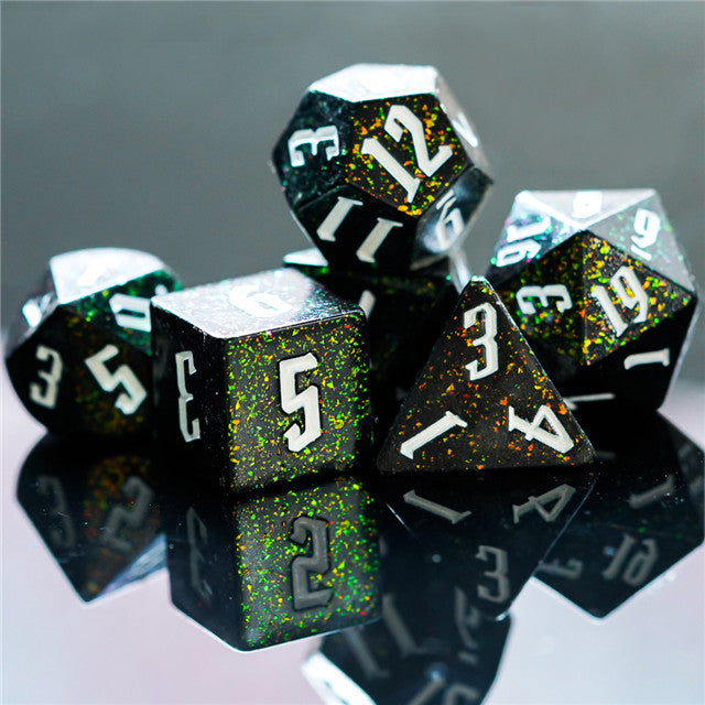 80's Monster Glitter DND Dice (Black,Green,Orange) 7-Dice Dungeons and Dragons Dice